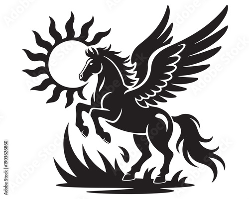 A majestic black silhouette of a pegasus with spread wings rearing up under a radiant sun and surrounded by grass