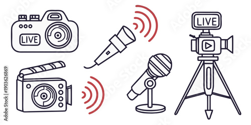 A collection of various audio and video recording equipment and devices.