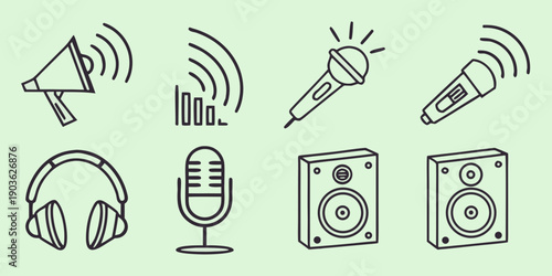 A collection of various audio equipment and devices for sound amplification and broadcasting.