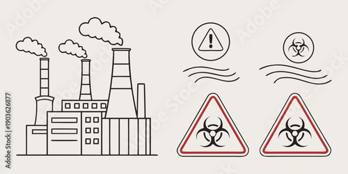 Industrial facilities emitting pollutants and warning signs for hazardous materials