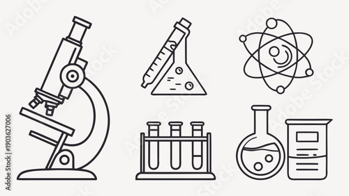 Scientific equipment and symbols representing various fields of study and research