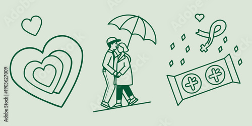 A whimsical illustration depicting love, money, and rainy weather.