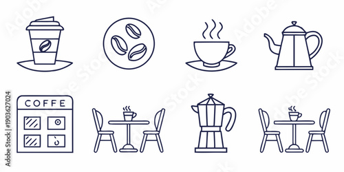 Illustrations of coffee beans, a cup, a teapot, and a coffee machine.