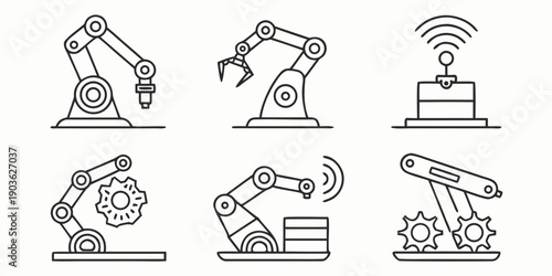 A collection of industrial robots and automated machinery in various configurations