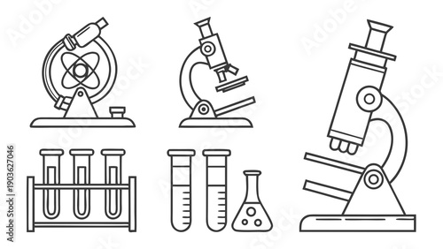 A collection of scientific laboratory equipment including microscopes and test tubes.