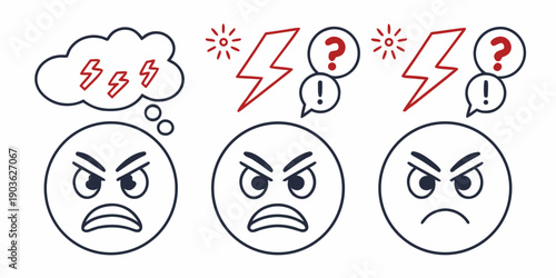 Three faces expressing confusion, frustration, and anger with thought and lightning bolts.