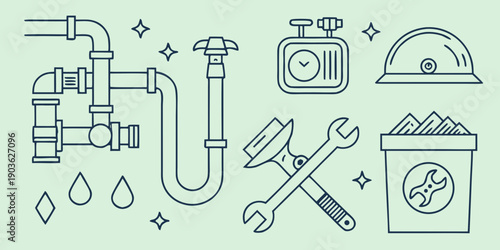 Illustration of plumbing tools, equipment, and accessories.