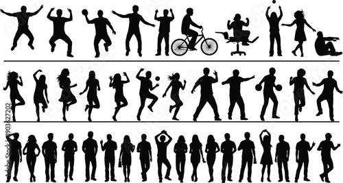 People silhouette collection, men and women dancing, jumping, walking, sports, lifestyle activities, energetic poses, black vector illustration set, isolated white background design