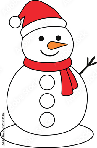 Cute Christmas Snowman Illustration with Red Hat and Scarf