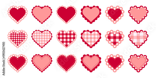 Set of paper or fabric red and pink heart shapes with scalloped borders. Templates of romantic cards or patches with ruffles, stitched borders and gingham prints. Vector flat illustration.