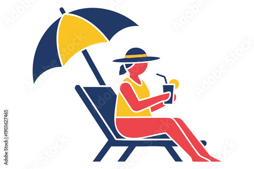 Colorful flat design illustration of a woman relaxing on a beach chair under an umbrella with a drink