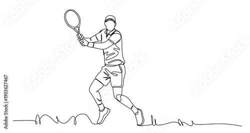 Continuous line drawing of a Tennis player man hitting the ball. Young male person or athlete in action racket gear and serve in workout health vector illustration.Tennis player isolated on a white