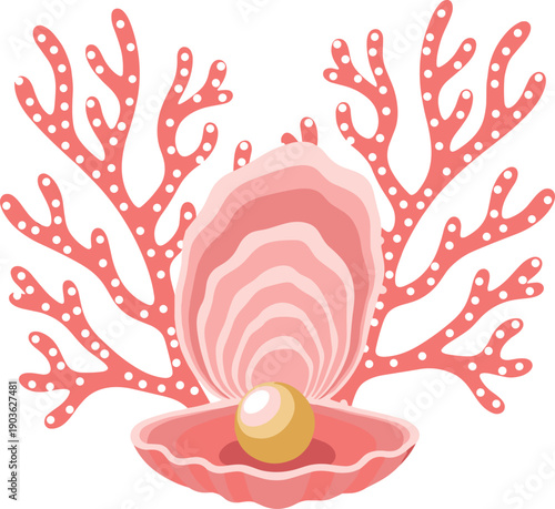 Elegant vector illustration of a golden pearl in an open pink oyster shell with decorative coral branches on white background