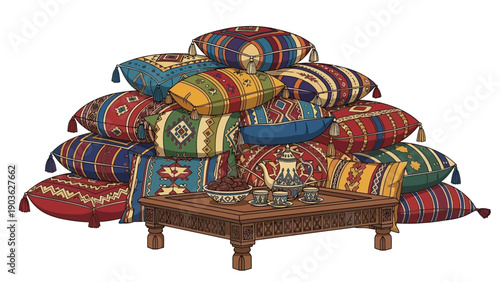 Vibrant pillows stacked around a wooden table with ornate carvings in a cozy Moroccan setting