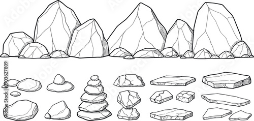 Black hand-drawn set of rocks, stones, boulders and stacked cairns for geology, nature and landscape design isolated on white background