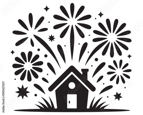 Festive firework celebration over small house silhouette representing home warming party success achievement and special holiday events graphic symbol