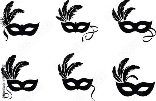 Set of Minimalist black masquerade mask with elegant feathers silhouette vector icon