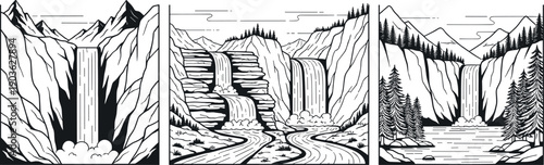 Black hand-drawn triptych landscape with towering waterfalls, rocky cliffs, pine forest and flowing rivers in wilderness scenery isolated on white background