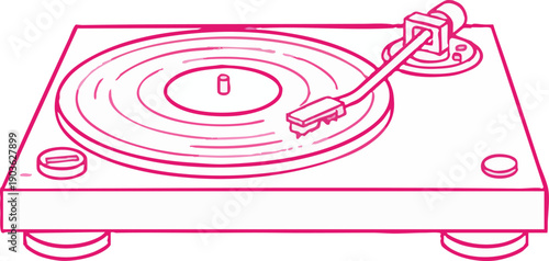 Pink Outline Drawing of Vintage Turntable Playing Vinyl Record