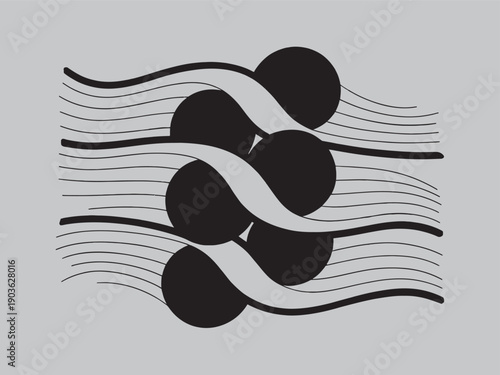Abstract geometric pattern with flowing lines and circles, minimalist black and white design element