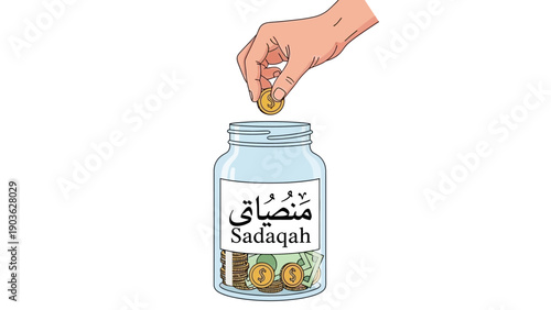 Hand dropping coin into Sadaqah jar filled with money