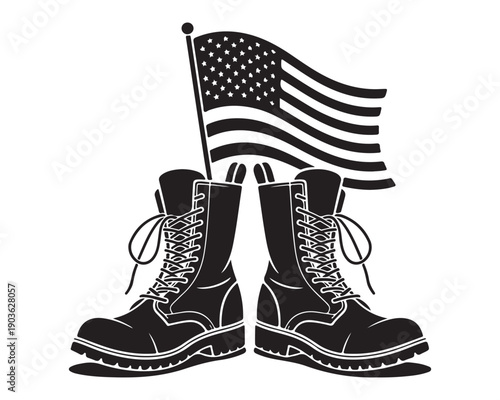 Pair of military combat boots with american flag vector illustration representing veterans day memorial day or patriotic themes