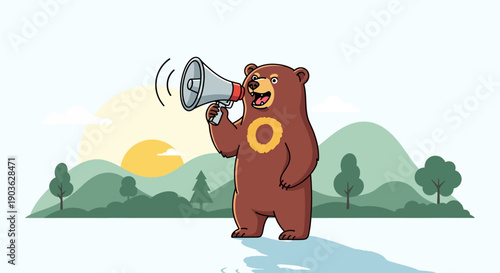 Cartoon Bear Holding Megaphone Loudspeaker.