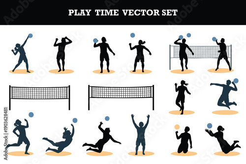 Colorful vector illustration set of beach volleyball players in various action poses and movements with nets and balls
