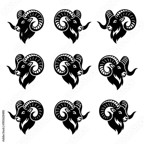 Collection of Stylized Ram Head Logos and Icons
