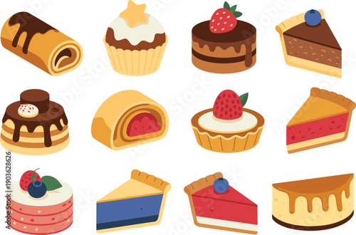 Cute dessert illustration set with cakes cupcakes pastries isolated on white background, sweet bakery food icons, flat vector design collection