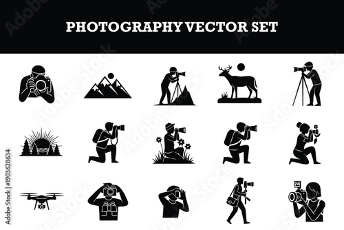 Comprehensive photography vector set featuring various icons of photographers and nature scenes perfect for design projects