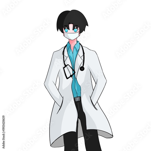 Illustration of a male doctor cartoon character with a stethoscope and wearing a white mask on a white background. Illustration of a medical character.