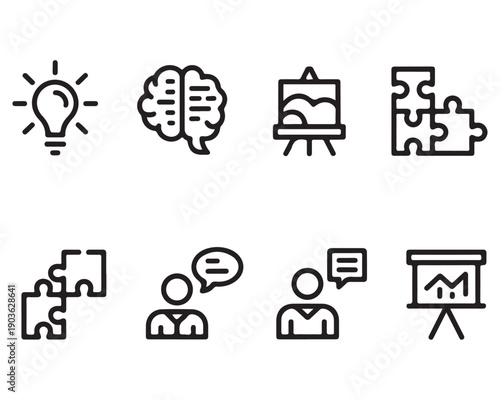 Set of eight creative vector icons brain for analytical thinking idea light bulb to generate new ideas puzzle to solve problems