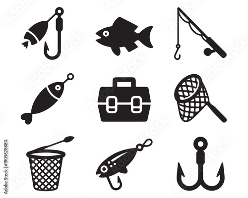 Set of fishing icons including hook lure rod net tackle box fish float and anchor symbol for sport or hobby vector silhouette collection
