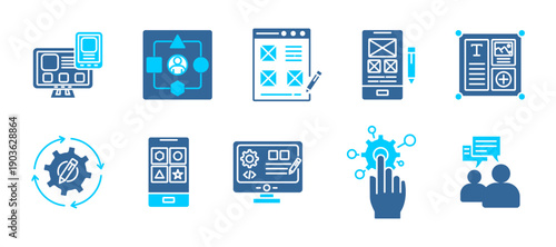 UI / UX icon set collection. Icon pack contain User interface, User experience, Wireframe, Prototype, Layout, Design system, Web design, Usability testing. dual tone vector.