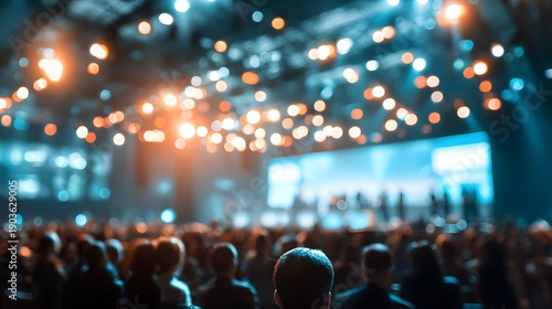 Blurry audience watching a presentation on a large screen with bright lights shining down in a conference setting with a stage