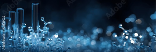 Abstract blue background with glowing particles and molecular structures floating in a dark space with bokeh effect