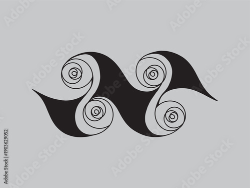 Abstract black waves with swirling patterns, minimalist and modern design, representing motion and energy on a grey background.