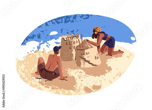 Happy tourists build sand castle together on beach. Boy and girl make sandcastle on coast in travel to sea resort. People play, have fun on summer vacation. Flat isolated vector illustration on white.