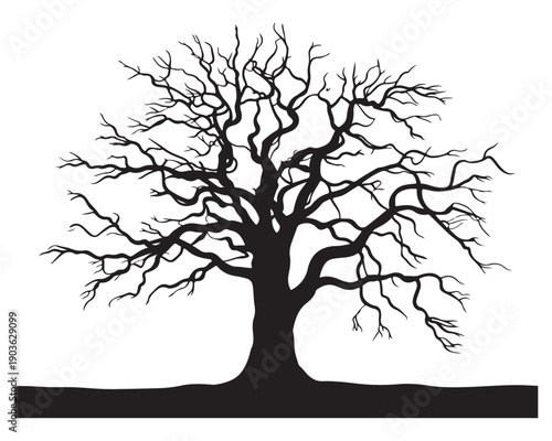 Solid black silhouette of large mature deciduous tree featuring wide spreading crown and visible root base on flat ground line