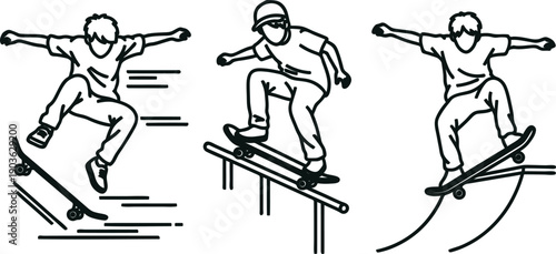Blackandwhite illustrations of skateboarders performing tricks on rails and ramps in various positions and movements