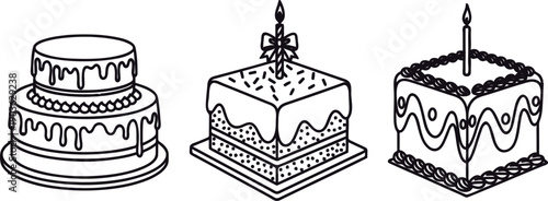 Cake illustrations of multiple cakes with cream and candles  traditional sweet desserts in stylized artistic designs
