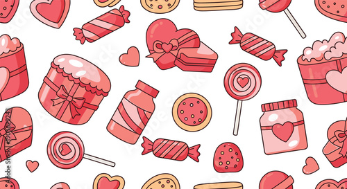 Sweet Treats Pattern: A delightful pattern of charming candies, heart-shaped boxes and gifts, creating a festive scene full of joy and delight.