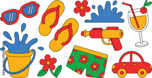 Cartoon summer vacation items with flowers and splashing water and sunglasses and bucket and flip flops and swimwear and toy car
