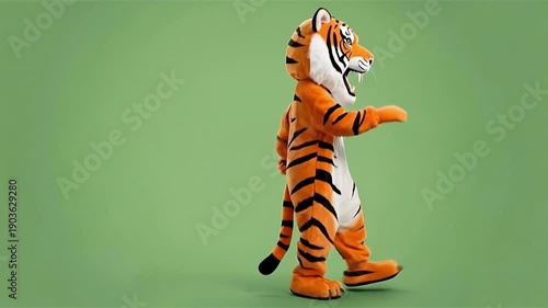 A tiger mascot with orange and black stripes stands facing right, mouth open, on a plain green background.

