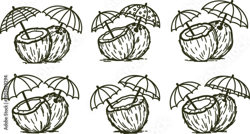 Coconuts with different types of umbrells on white background