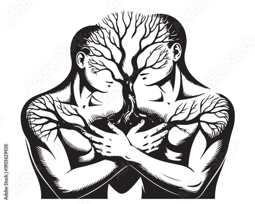 Two embracing human figures with tree branches growing from their bodies symbolizing connection to nature and unity