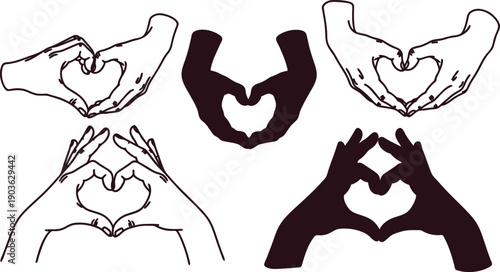 Hands forming heart shapes in various styles and colors for love and love concepts  symbolizing affection and care