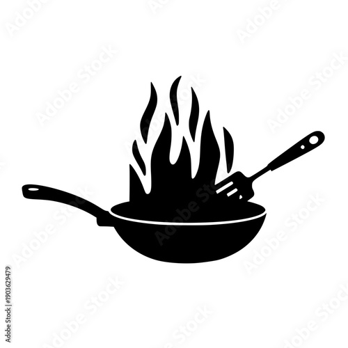 Frying pan with flames and spatula cooking icon