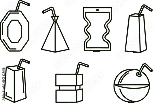 Set of various drinks with straws in different shapes and containers  juice boxes and glasses